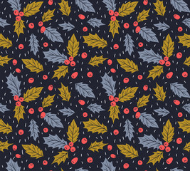 New year seamless pattern with leaves and berries of Holly. Christmas hand drawn wrap paper design.