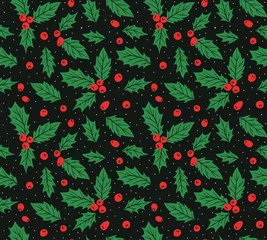 Behang Nieuwjaar naadloos patroon met bladeren en bessen van Holly. Ontwerp voor een papieren kersthandgetekende wikkel. © Utro na more