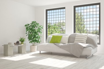 Idea of white room with sofa and summer landscape in window. Scandinavian interior design. 3D illustration