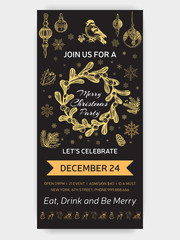 Invitation card for a Christmas party. Design template with xmas hand-drawn graphic illustrations. Greeting card with the New Year and Christmas holidays.