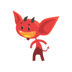 Flat vector of funny little devil with interested facial expression isolated on white. Comic fictional demon character with horns, tail and big ears