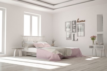 Idea of white minimalist bedroom. Scandinavian interior design. 3D illustration