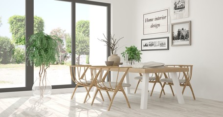 White dinner room with summer landscape in window. Scandinavian interior design. 3D illustration