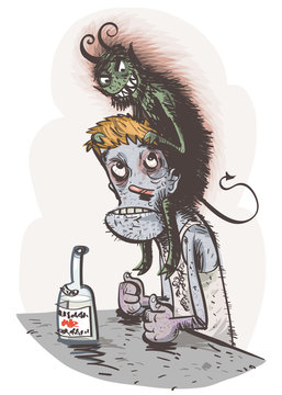 Alcoholic psychosis. Vector illustration