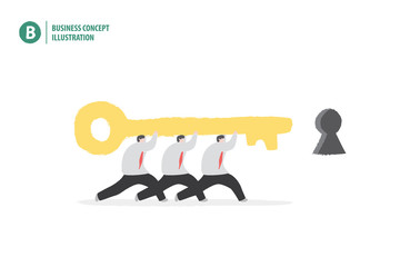 Businessman holding the key to unlock meaning teamwork for solution on white background illustration vector. Business concept.