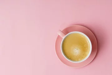 Foto op Plexiglas coffee in pink pastel table top view © Maksim Shebeko
