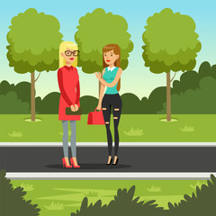 Two female friends talking while walking in the park, friendship concept vector Illustration