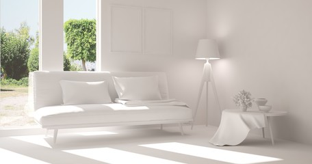 Idea of white room with sofa and summer landscape in window. Scandinavian interior design. 3D illustration