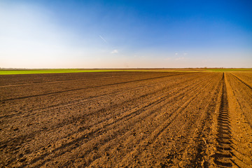 Agricultural landscape, arable crop field. Arable land is the land under temporary agricultural crops capable of being ploughed and used to grow crops.