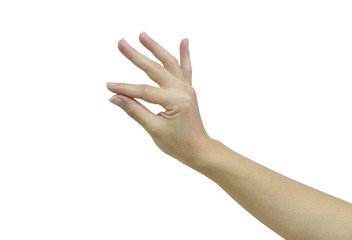 Woman hand touching or pointing to something isolated on white background with clipping path.