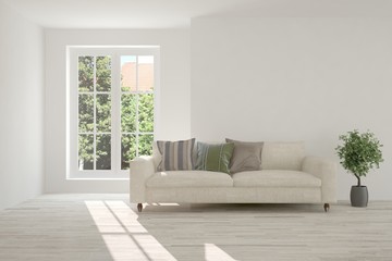 Idea of white room with sofa and summer landscape in window. Scandinavian interior design. 3D illustration
