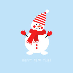 Happy New Year card with cute snowman on blue background. Vector holiday illustration for new year. Cartoon style. Design for card, poster and decor.