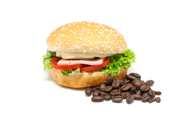 Hamburger with coffee beans On a white background