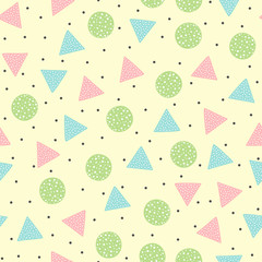 Cute geometric seamless pattern. Round and triangular colored shapes. Drawn by hand. Yellow, black, pink, blue, green, white.