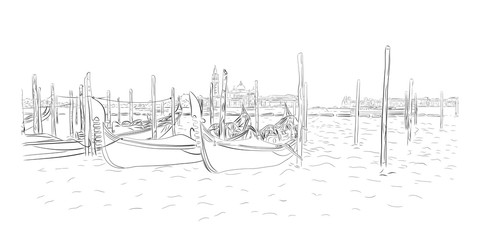Gondolas near Saint Mark square with San Giorgio di Maggiore church in Venice, Italy. Vector drawing