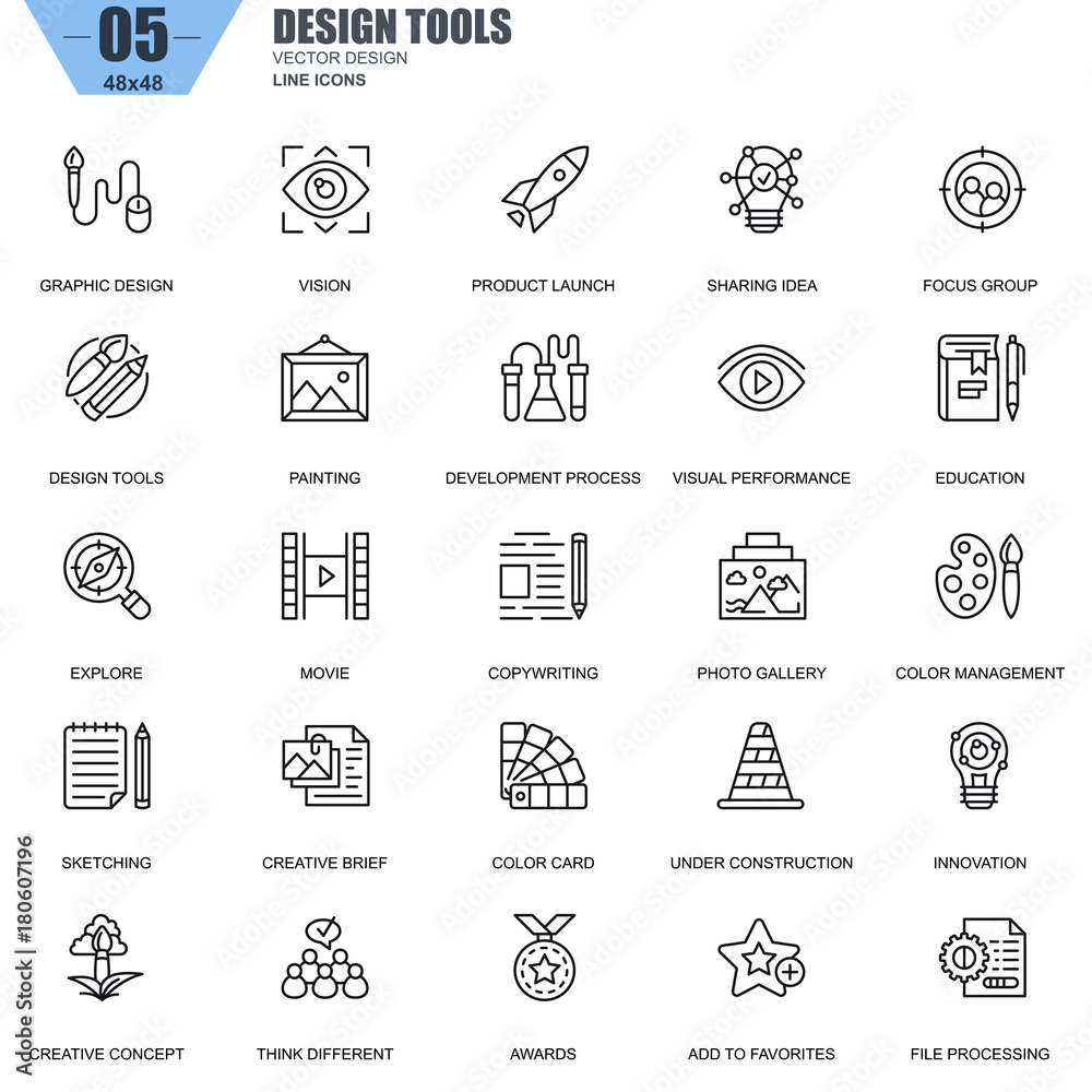 Poster thin line design tools, art and media icons set for website and mobile site and apps. contains such 