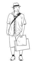 Isolated illustration of young male tourist wearing hat, shirt and shorts and holding shopping bags in black and white