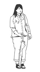 Illustration of young female in casual outfit holding bag and umbrella in black and white