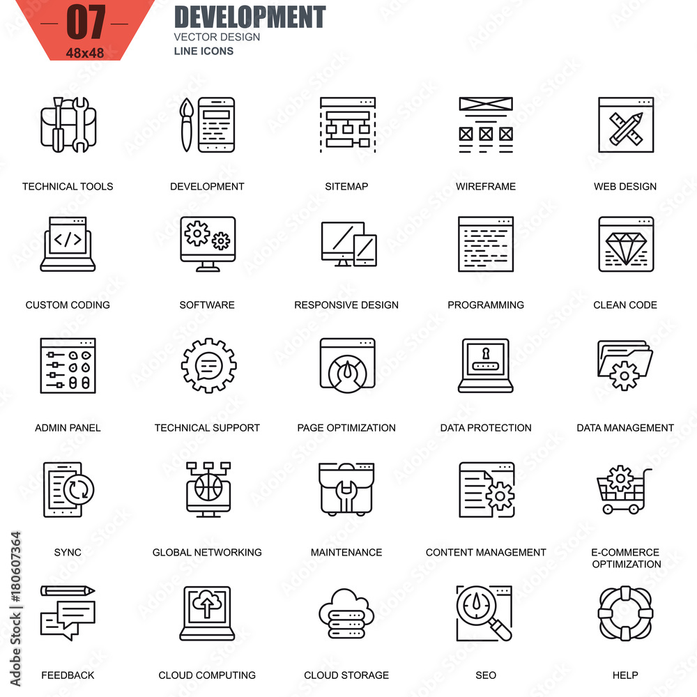 Aufkleber thin line web design and development icons set for website and mobile site and apps. contains such i
