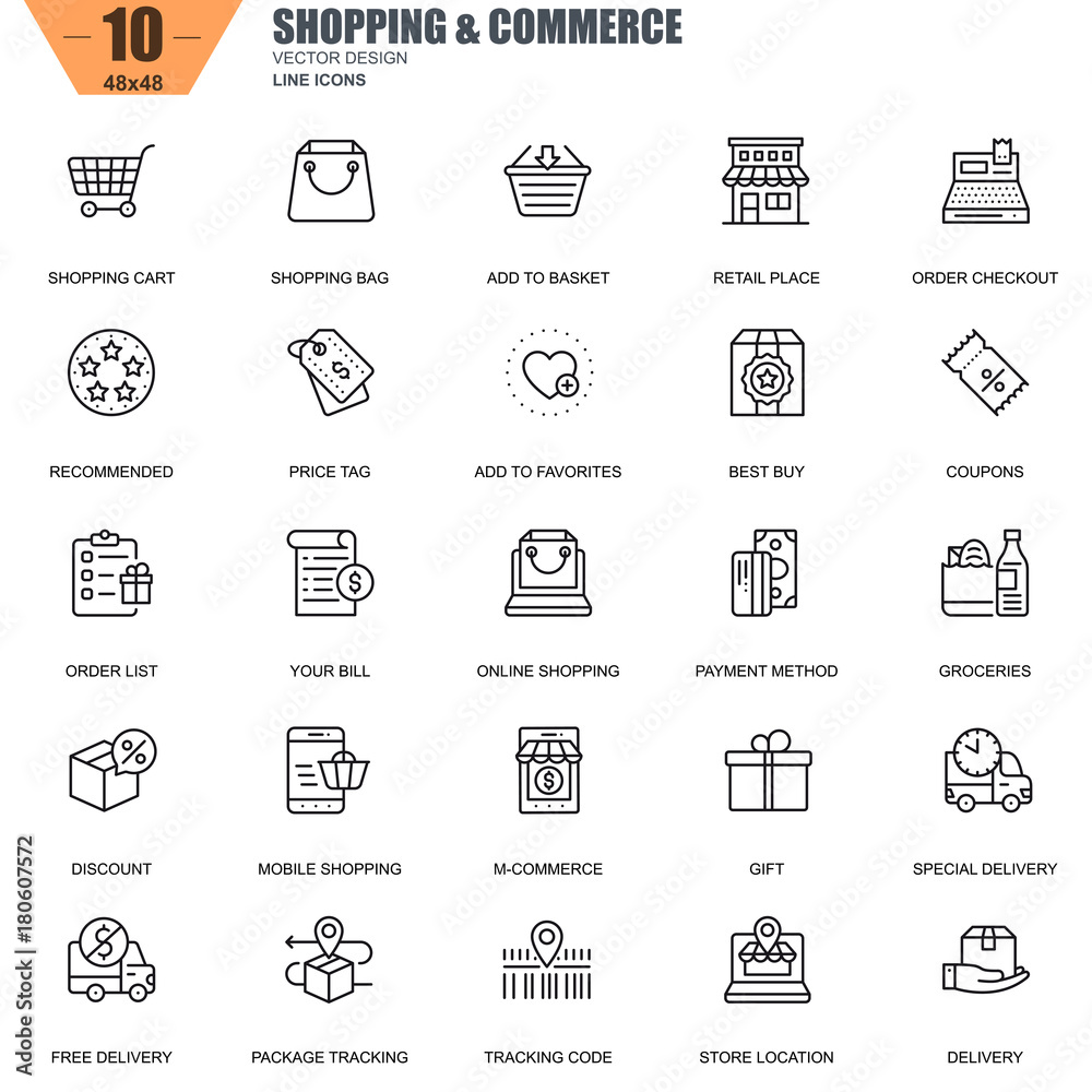 Aufkleber Thin line online shopping and e-commerce icons set for website and mobile site and apps. Contains such Icons as Basket, Delivery, Price Tag. 48x48 Pixel Perfect. Editable Stroke. Vector illustration.