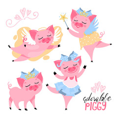 The set of adorable, cute, cartoon, flat pink piggy (pig). Pig in crown, with wings, fairy piggy, ballerina. Vector illustration suitable for kids t-shirt prints and other