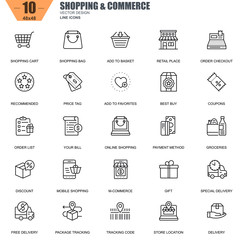 Thin line online shopping and e-commerce icons set for website and mobile site and apps. Contains such Icons as Basket, Delivery, Price Tag. 48x48 Pixel Perfect. Editable Stroke. Vector illustration.