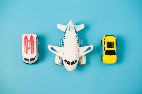 Set of toys Aeroplan ,van and truck on blue background - Powered by Adobe