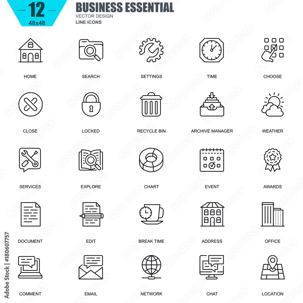 Poster Thin line business essential, communication and office icons set for website and mobile site apps. Contains such Icons as Chart, Awards. 48x48 Pixel Perfect. Editable Stroke. Vector illustration.