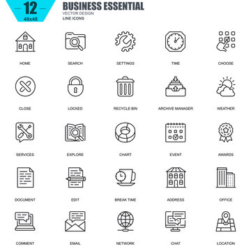 Thin line business essential, communication and office icons set for website and mobile site apps. Contains such Icons as Chart, Awards. 48x48 Pixel Perfect. Editable Stroke. Vector illustration.