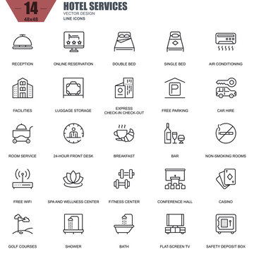 Thin line hotel services and facilities, online booking icons set for website and mobile site apps. Contains such Icons as Reception, Bar. 48x48 Pixel Perfect. Editable Stroke. Vector illustration.
