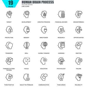 Thin line human brain process, features and emotions icons set for website and mobile site and apps. Contains such Icons as Target, Skill. 48x48 Pixel Perfect. Editable Stroke. Vector illustration.
