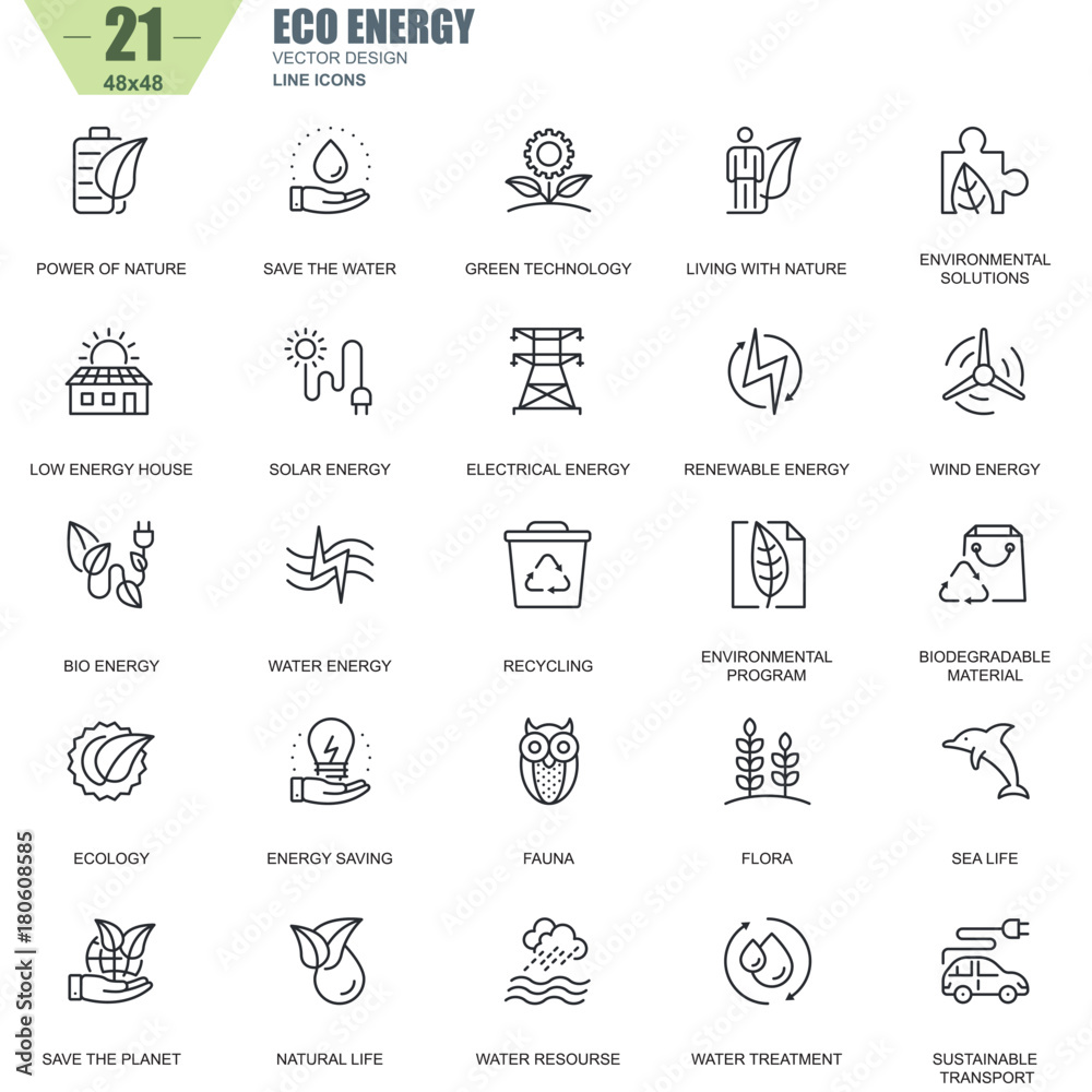 Poster thin line environment, renewable energy technology icons set for website and mobile site apps. conta