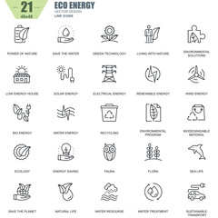 Thin line environment, renewable energy technology icons set for website and mobile site apps. Contains such Icons as Eco, Green Technology. 48x48 Pixel Perfect. Editable Stroke. Vector illustration. - obrazy, fototapety, plakaty