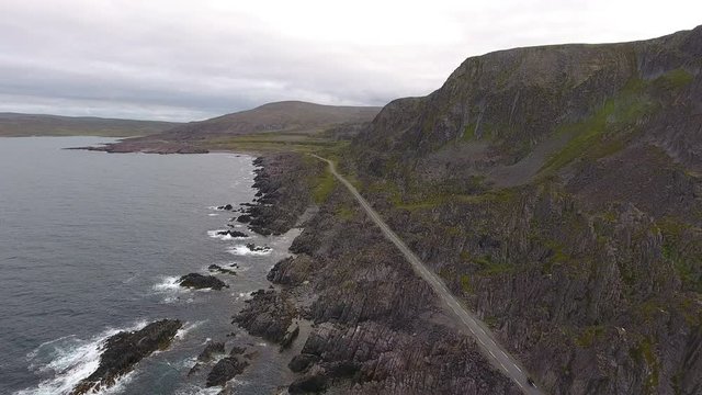Aerial view of motorcycle on Coastal road to Hamningberg, Norway