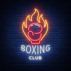 Boxing club logo in neon style, vector illustration. Emblem, neon sign, symbol for a sports facility on the topic of boxing. Neon banner, bright nightlife advertisement