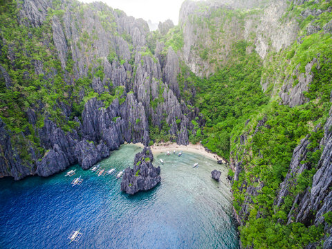 El Nido, Palawan, Philippines, aerial view of dramatic karst scenery.