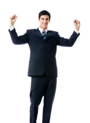 Happy gesturing businessman, isolated