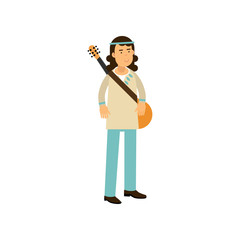Flat cartoon man hippie with guitar. Carefree male with long hair dressed in classic woodstock sixties hippy subculture clothes.