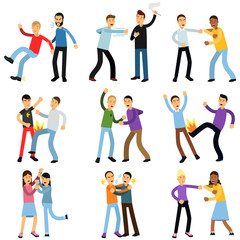 Fototapeta na wymiar Cartoon flat characters of aggressive people in different fighting poses isolated on white background