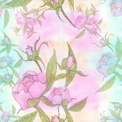Peonies - flowers and leaves. Decorative composition on a watercolor background. Floral motifs. Seamless pattern. Use printed materials, signs, items, websites, maps, posters, postcards, packaging.