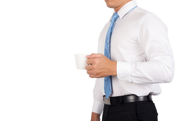 Business man in white shirt with coffee cup.