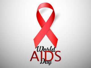 Realistic red AIDS ribbon. World AIDS day concept on gray background with light effect. Vector illustration.
