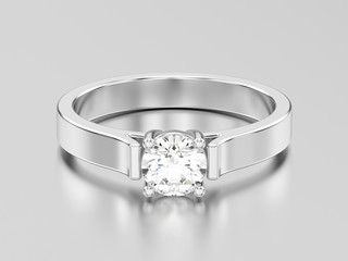 3D illustration white gold or silver solitaire engagement diamond ring with shadow and reflection