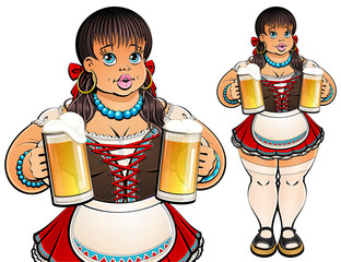 Sexy fat girl in Bavarian traditional dress offers a light beer in glass mugs.