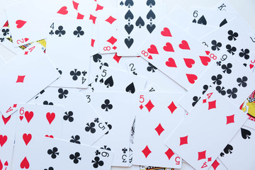 Lot of dusty old playing cards. poker background. casino game, gambling