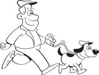 Black and white illustration of a man walking a dog.