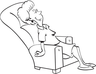 Black and white illustration of a woman resting in a chair.
