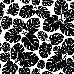 Seamless tropical monstera palm beach leaves pattern background. Vector illustration flat style design. Black and white