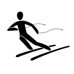 Silhouette of alpine downhill skier giant slalom descending down slope isolated. Winter sport games discipline. Black and white flat slyle design vector illustration. Web pictogram icon symbol