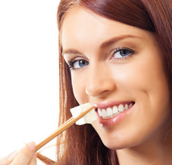 Close up of woman eating brynza, over white